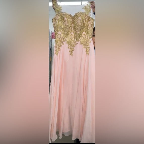 New Sheer Bateau Neck Long A Line Gold Lace Chiffon Prom Dress Evening Dresses - Picture 3 of 6